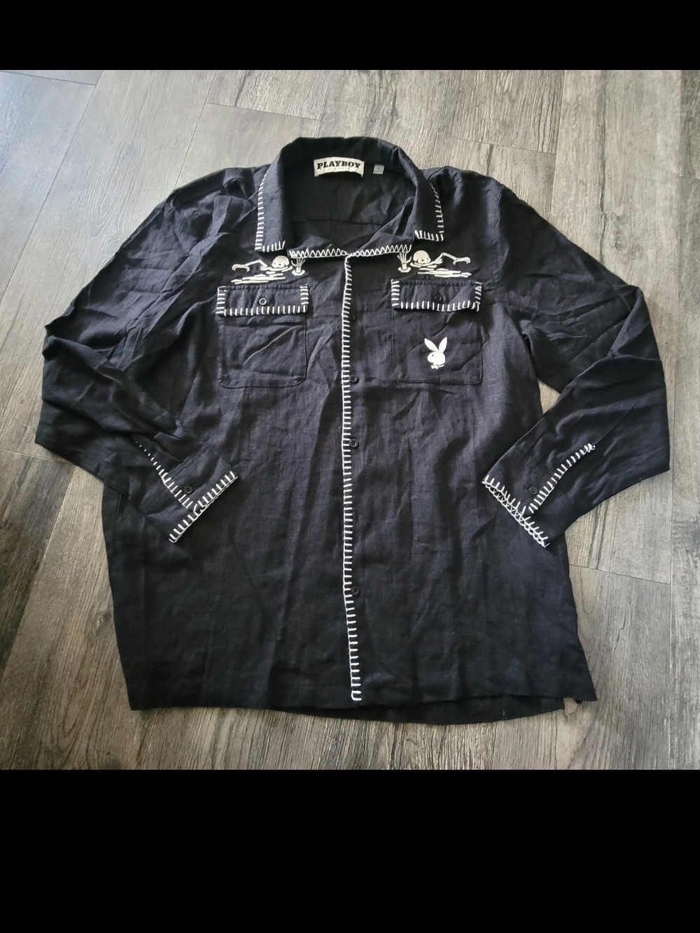 PLAYBOY Black Long-Sleeve Shirt Jacket with White Stitching